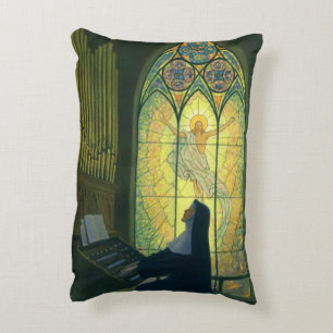 Vintage Religion, Nun Playing an Organ in Church Decorative Cushion