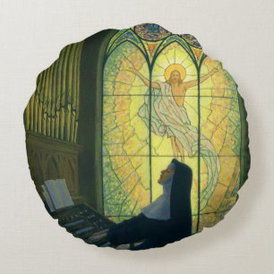 Vintage Religion, Nun Playing an Organ in Church Round Cushion