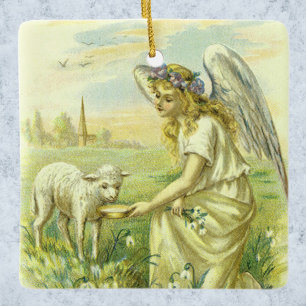Vintage Religion, Victorian Easter Angel with Lamb Ceramic Tree Decoration