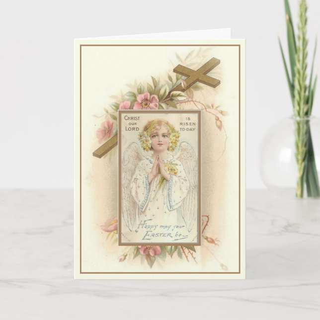 Vintage Religious Angel Cross Blessed Easter Holiday Card (Front)