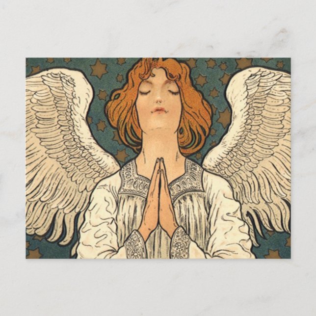 Vintage Religious Angel Praying with Gold Stars Postcard (Front)