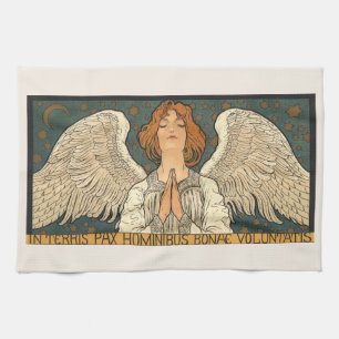 Vintage Religious Angel Praying with Gold Stars Tea Towel