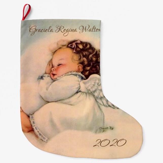 Vintage Religious  Baby Angel Sleeping Large Christmas Stocking (Front)