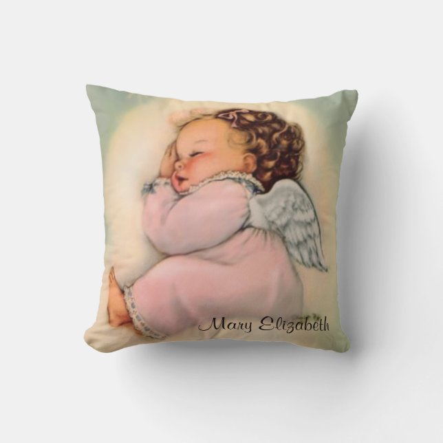 Vintage Religious Baby Girl Guardian Angel Cushion (Front)