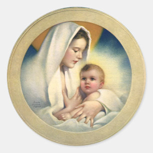 Vintage Religious Christmas, Madonna and Child Classic Round Sticker