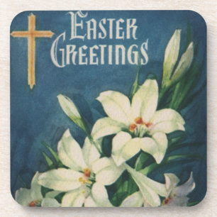 Vintage Religious Easter Greetings, Lily Flowers Coaster