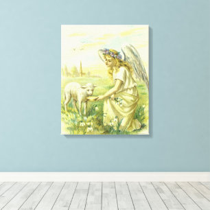 Vintage Religious Easter Victorian Angel with Lamb Canvas Print