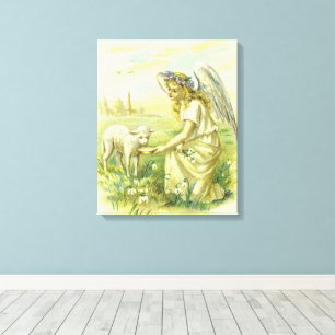 Vintage Religious Easter Victorian Angel with Lamb Canvas Print