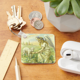 Vintage Religious Easter Victorian Angel with Lamb Key Ring