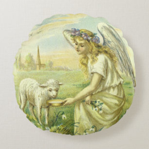 Vintage Religious Easter Victorian Angel with Lamb Round Cushion