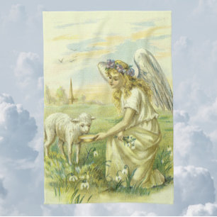 Vintage Religious Easter Victorian Angel with Lamb Tea Towel