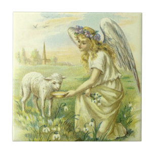 Vintage Religious Easter Victorian Angel with Lamb Tile