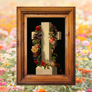 Vintage Religious Floral Cross Jesus Easter Poster