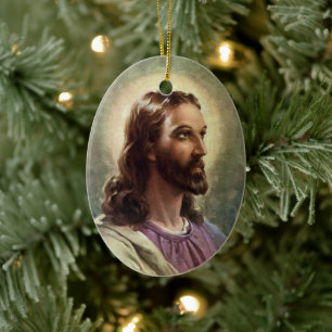 Vintage Religious, Jesus Christ Portrait with Halo Ceramic Tree Decoration