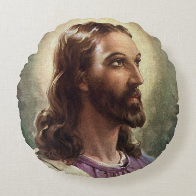 Vintage Religious, Jesus Christ Portrait with Halo Round Cushion (Front)
