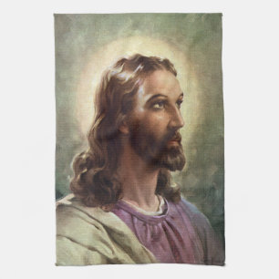Vintage Religious, Jesus Christ Portrait with Halo Tea Towel