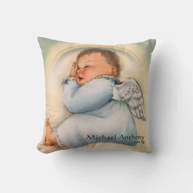 Vintage Religious Rainbow Baby Boy Guardian Angel Cushion (Front)