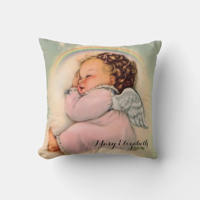 Vintage Religious Rainbow Baby Girl Guardian Angel Cushion (Front)