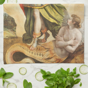 Vintage Religious, Saint Michael Defeats Lucifer Tea Towel
