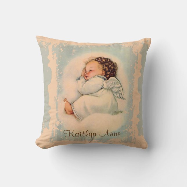 Vintage Religious Sleeping Baby Guardian Angel Cushion (Front)