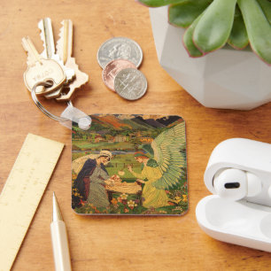 Vintage Religious Tapestry with Baby Jesus Christ Key Ring