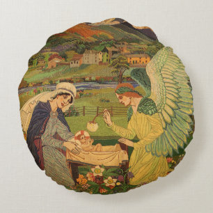Vintage Religious Tapestry with Baby Jesus Christ Round Cushion