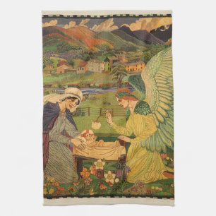 Vintage Religious Tapestry with Baby Jesus Christ Tea Towel