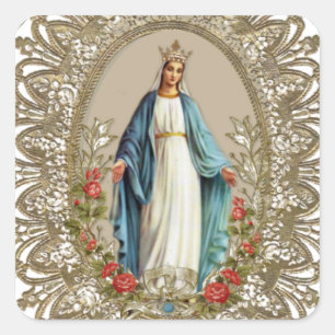 Vintage Religious Virgin Mary Floral Gold Catholic Square Sticker