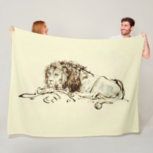 Vintage Rembrandt Ink Sketch / Drawing of a Lion Fleece Blanket
