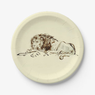 Vintage Rembrandt Ink Sketch / Drawing of a Lion Paper Plate