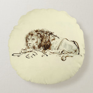 Vintage Rembrandt Ink Sketch / Drawing of a Lion Round Cushion