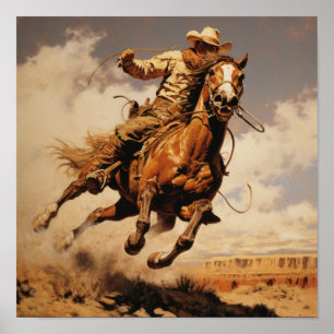 Vintage Remington Painted Cowboy Art Poster - Auth