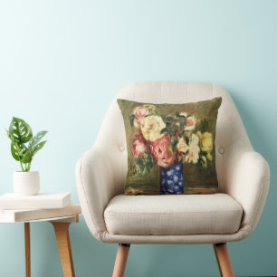 Vintage Renoir Pink Rose Bouquet Blue Vase Art Cushion