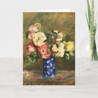 Vintage Renoir Pink Rose Bouquet Blue Vase Art