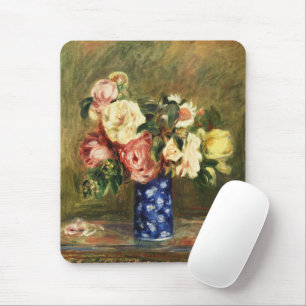 Vintage Renoir Pink Rose Bouquet Blue Vase Art Mouse Mat