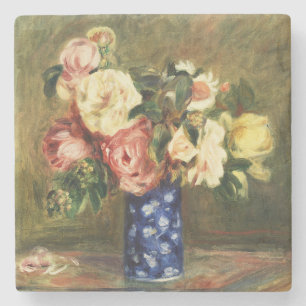 Vintage Renoir Pink Rose Bouquet Blue Vase Art Stone Coaster