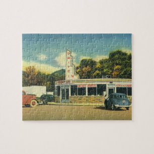 Vintage Restaurant, 50s Drive In Diner and Cars Jigsaw Puzzle