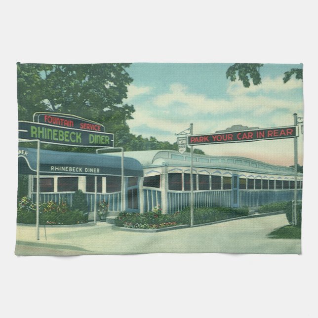 Vintage Restaurant, Retro Rhinebeck Roadside Diner Tea Towel (Horizontal)