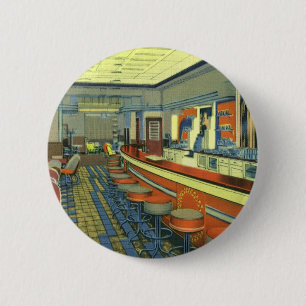 Vintage Restaurant, Retro Roadside Diner Interior 6 Cm Round Badge