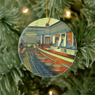 Vintage Restaurant, Retro Roadside Diner Interior Ceramic Tree Decoration