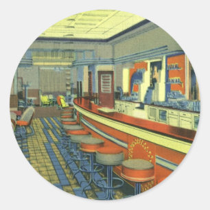 Vintage Restaurant, Retro Roadside Diner Interior Classic Round Sticker
