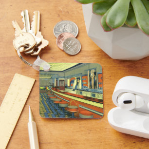 Vintage Restaurant, Retro Roadside Diner Interior Key Ring