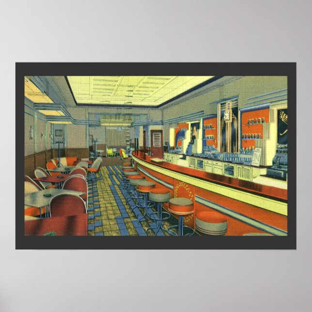 Vintage Restaurant, Retro Roadside Diner Interior Poster (Front)