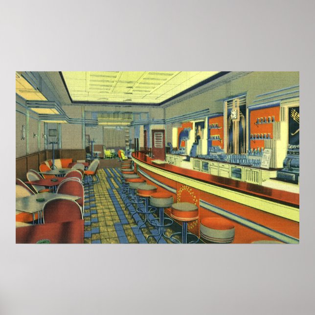 Vintage Restaurant, Retro Roadside Diner Interior Poster (Front)