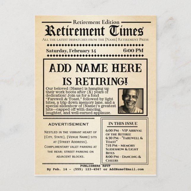 Vintage “Retirement Times” Newspaper Invitation  Postcard (Front)