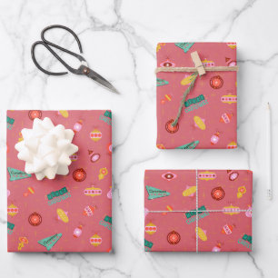 Vintage Retro 1960's Christmas on Candy Pink Wrapping Paper Sheet