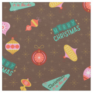 Vintage Retro 1960's Christmas on Dark Brown Fabric