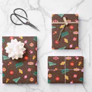 Vintage Retro 1960's Christmas on Dark Brown Wrapping Paper Sheet