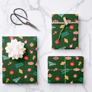 Vintage Retro 1960's Christmas on Dark Green Wrapping Paper Sheet