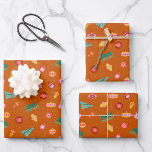 Vintage Retro 1960's Christmas on Dark Orange Wrapping Paper Sheet